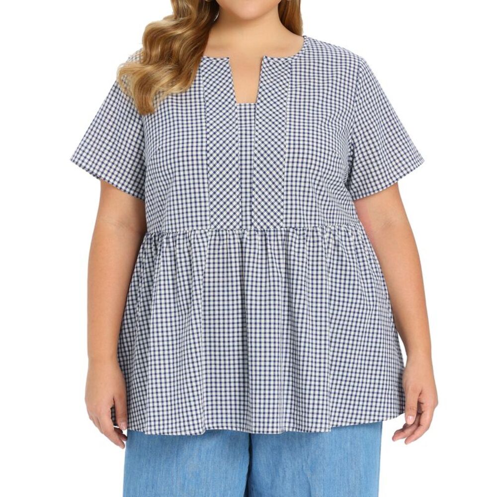 Women Plus Size Summer Gingham Notch Neck Short Sleeve Blouse Navy Blue